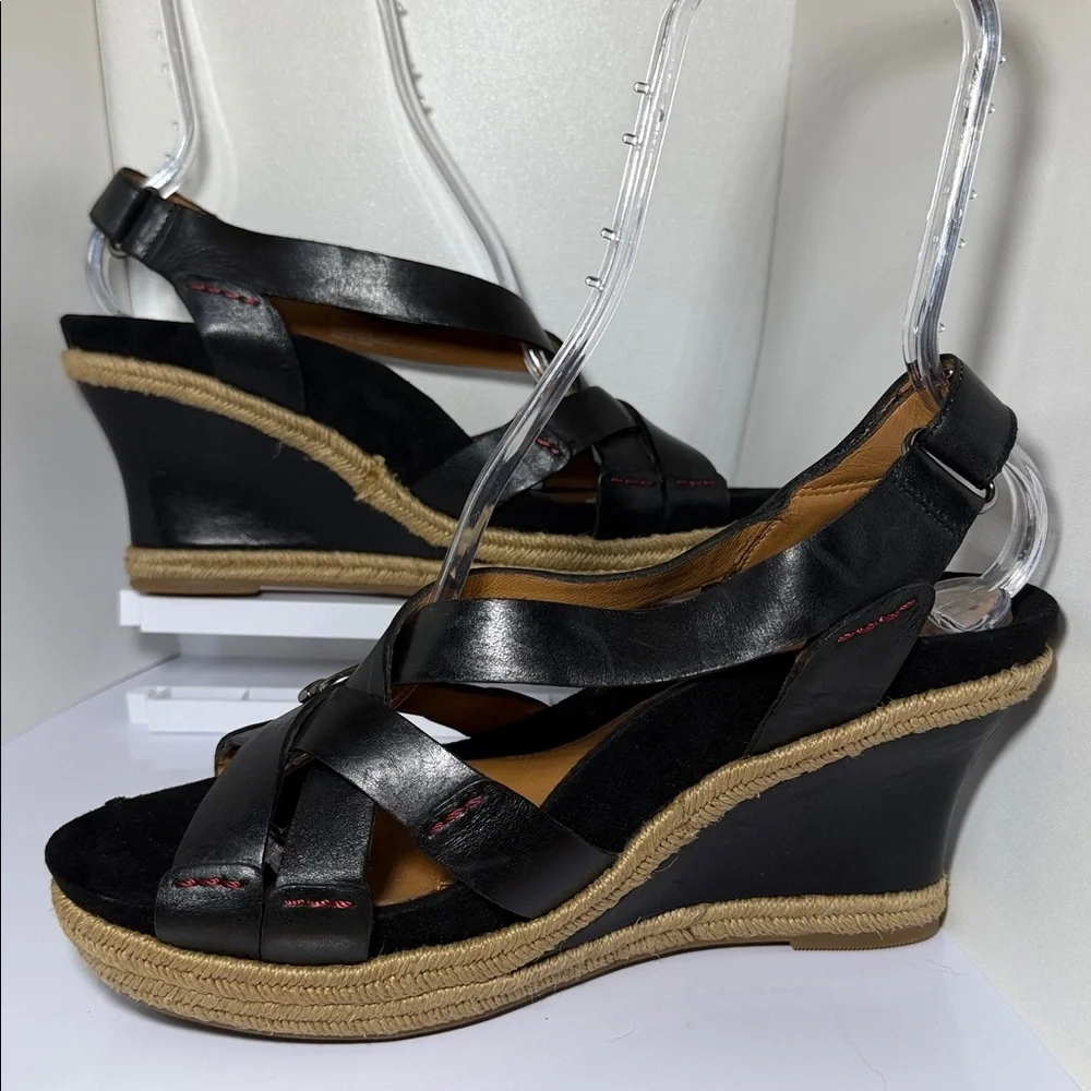 NWOT Earthies Black Wedge Sandals with Cross Straps and Platform Heel